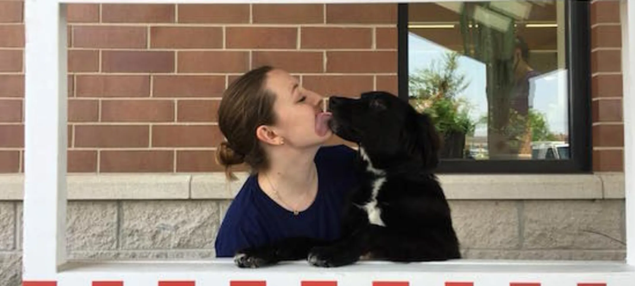 Staff and rescue dog kissing booth